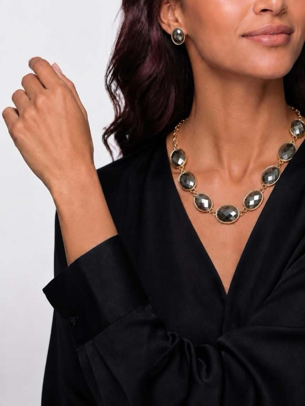 Statement Necklace and Earring Set with Oval Faceted Metallic Stones